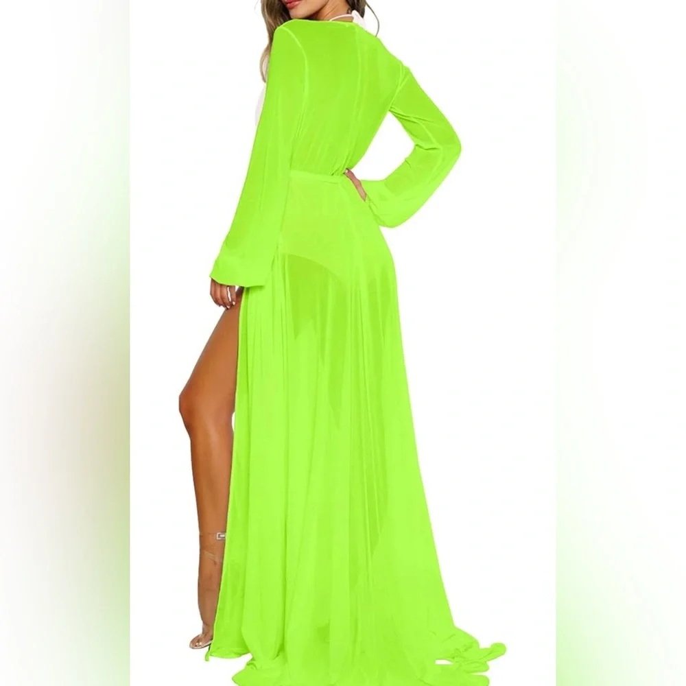 BRIGHT GREEN Women's Long Sleeve Flowy Maxi Swimsuit Duster *NEW*